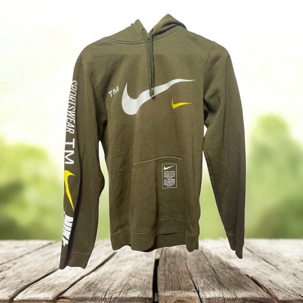 Nike Olive Green Hoodie with White and Yellow Accents